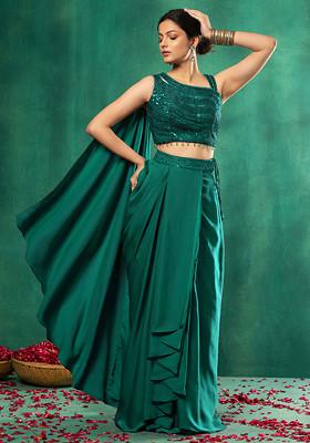 Cyan Blue Satin Pre-Stitched Saree Set With Abstract Sequin Embellished Blouse