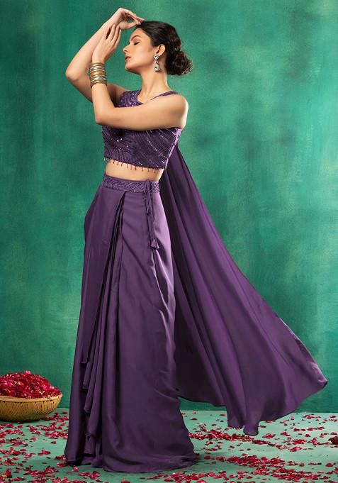 Lavender Satin Pre-Stitched Saree Set With Abstract Sequin Embellished Blouse