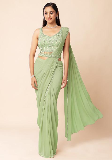 Olive Green Pre-Stitched Saree Set With Sequin Embellished Blouse And Embellished Belt