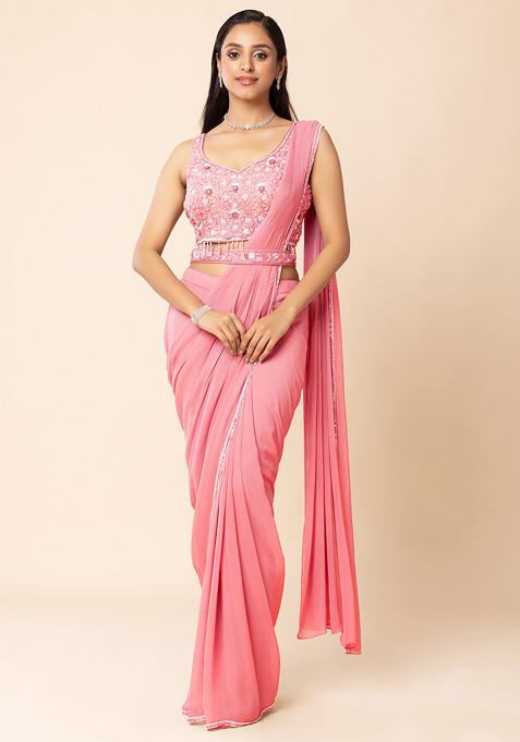 Pink Pre-Stitched Saree Set With Sequin Embellished Blouse And Embellished Belt
