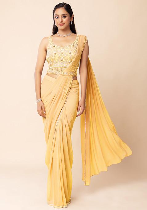Yellow Pre-Stitched Saree Set With Sequin Embellished Blouse And Embellished Belt