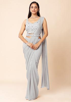 Grey Pre-Stitched Saree Set With Sequin Embellished Blouse And Embellished Belt