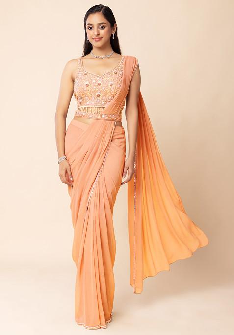 Orange Pre-Stitched Saree Set With Sequin Embellished Blouse And Embellished Belt