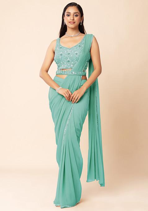 Sea Green Pre-Stitched Saree Set With Sequin Embellished Blouse And Embellished Belt