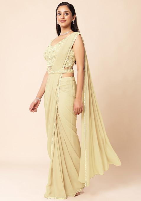 Beige Pre-Stitched Saree Set With Sequin Embellished Blouse And Embellished Belt