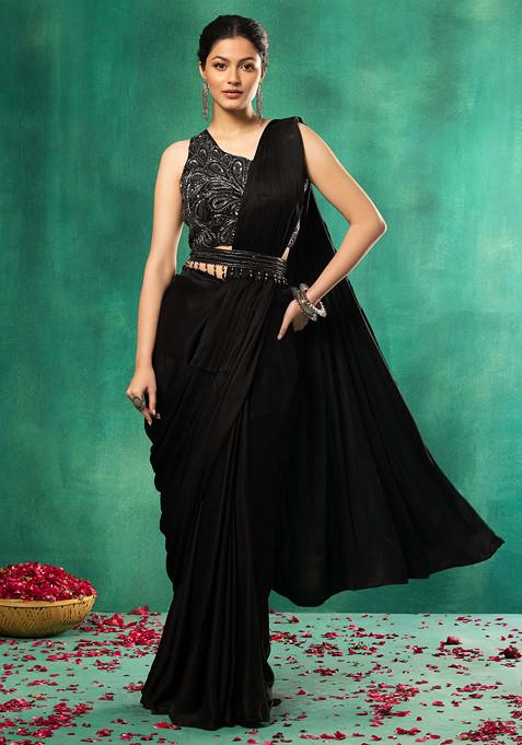 Black Pre-Stitched Saree Set With Abstract Embellished Blouse And Embellished Belt