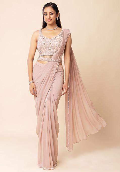 Blush Pink Pre-Stitched Saree Set With Sequin Embellished Blouse And Embellished Belt