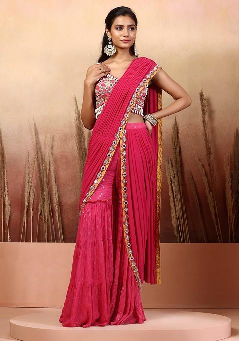 Hot Pink Embellished Sharara Set With Mirror Pearl Embellished Blouse And Attached Drape