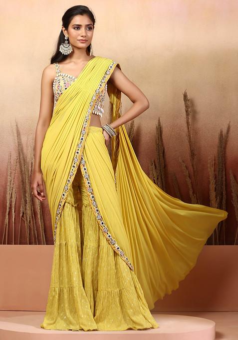 Yellow Embellished Sharara Set With Mirror Pearl Embellished Blouse And Attached Drape