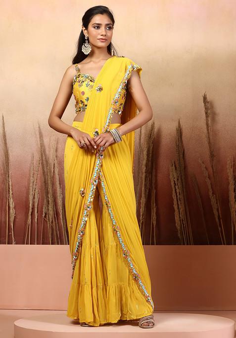 Yellow Embellished Sharara Set With Mirror Embellished Blouse And Attached Drape