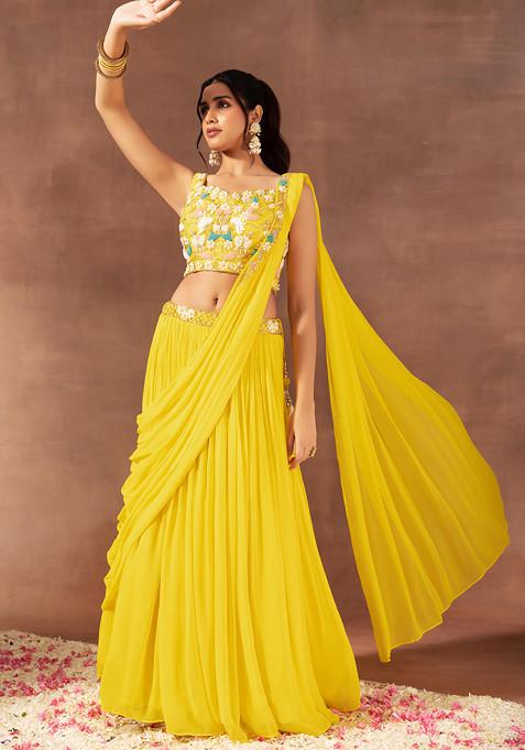 Yellow Pre-Stitched Saree Set With Multicolour Floral Hand Embroidered Blouse
