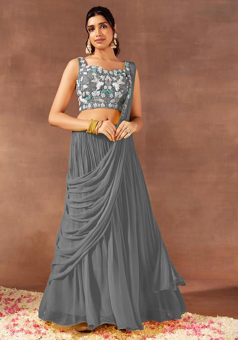 Grey Pre-Stitched Saree Set With Multicolour Floral Hand Embroidered Blouse
