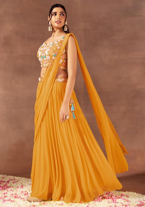 Orange Pre-Stitched Saree Set With Multicolour Floral Hand Embroidered Blouse