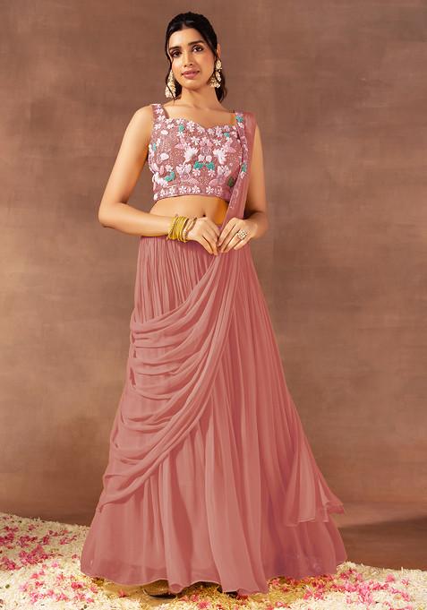 Blush Pink Pre-Stitched Saree Set With Multicolour Floral Hand Embroidered Blouse
