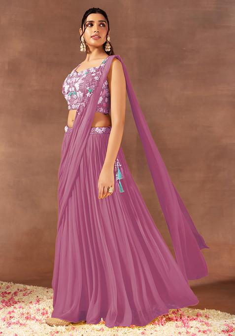 Mauve Pre-Stitched Saree Set With Multicolour Floral Hand Embroidered Blouse