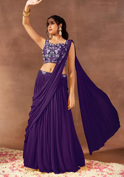 Purple Pre-Stitched Saree Set With Multicolour Floral Hand Embroidered Blouse