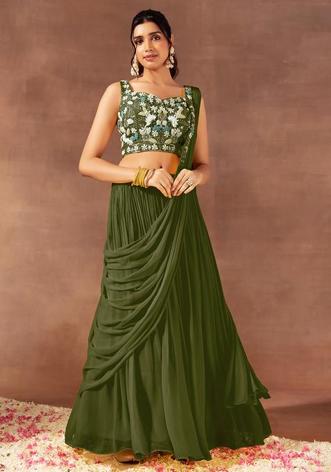 Olive Pre-Stitched Saree Set With Multicolour Floral Hand Embroidered Blouse