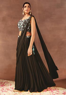 Brown Pre-Stitched Saree Set With Multicolour Floral Hand Embroidered Blouse