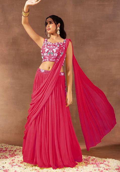 Hot Pink Pre-Stitched Saree Set With Multicolour Floral Hand Embroidered Blouse
