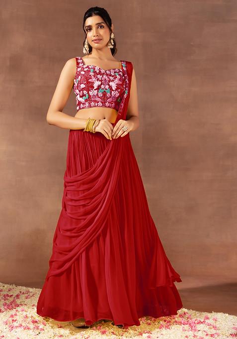Red Pre-Stitched Saree Set With Multicolour Floral Hand Embroidered Blouse