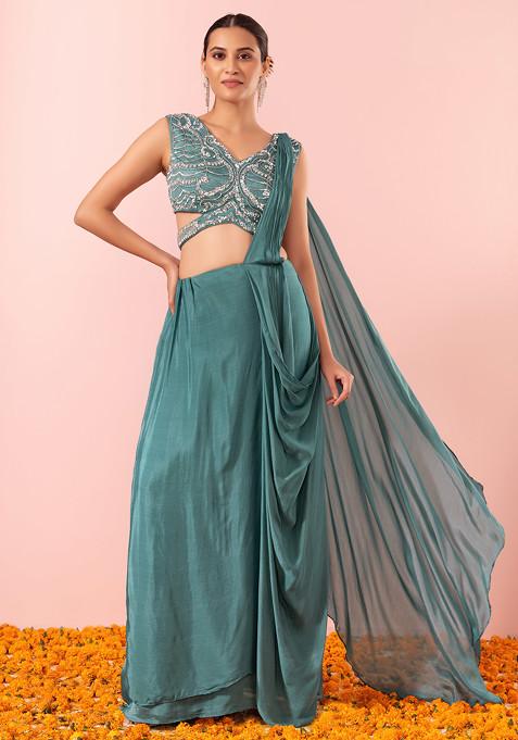 Sage Green Pre-Stitched Saree Set With Sequin Hand Embellished Blouse