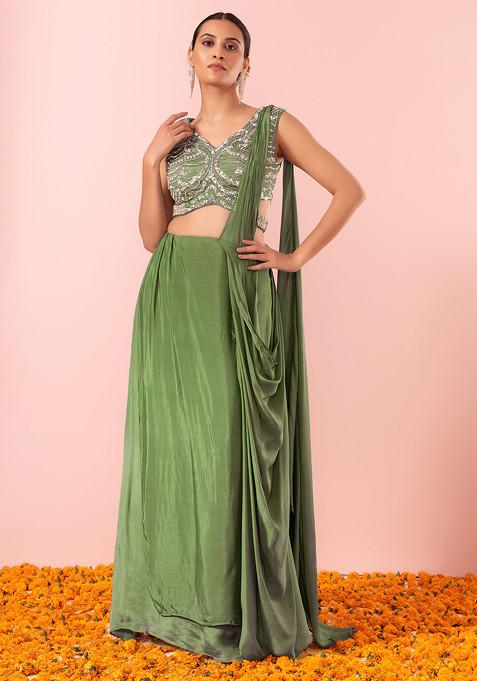 Olive Green Pre-Stitched Saree Set With Sequin Hand Embellished Blouse