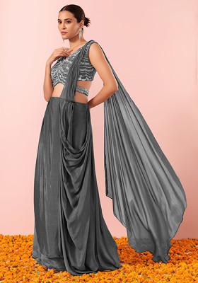 Grey Pre-Stitched Saree Set With Sequin Hand Embellished Blouse
