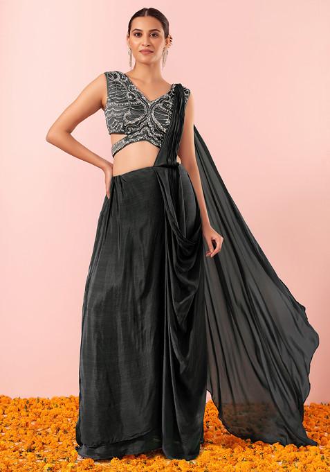 Black Pre-Stitched Saree Set With Sequin Hand Embellished Blouse