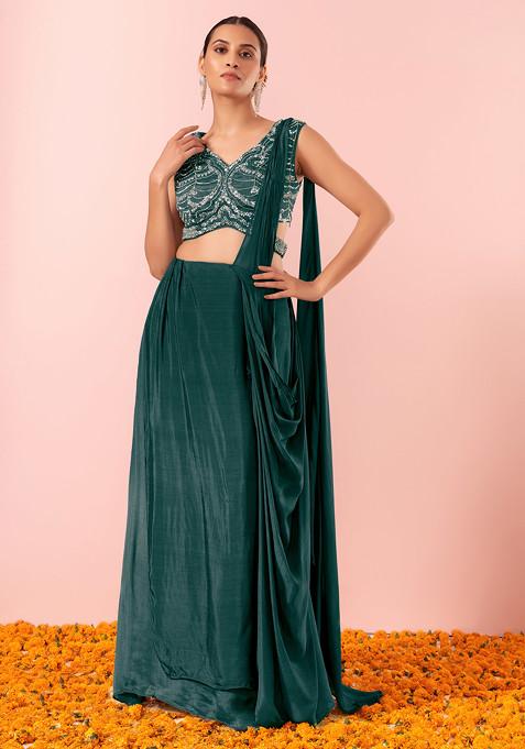 Emerald Green Pre-Stitched Saree Set With Sequin Hand Embellished Blouse