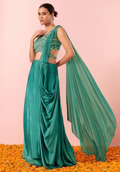 Sea Green Pre-Stitched Saree Set With Sequin Hand Embellished Blouse