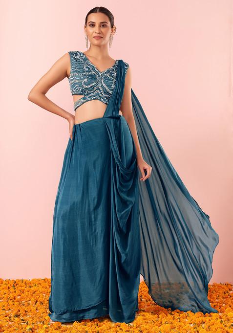 Teal Blue Pre-Stitched Saree Set With Sequin Hand Embellished Blouse