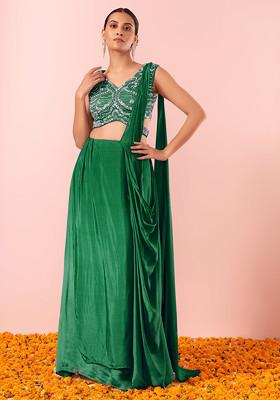 Green Pre-Stitched Saree Set With Sequin Hand Embellished Blouse