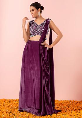 Purple Pre-Stitched Saree Set With Sequin Hand Embellished Blouse