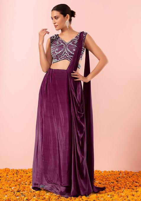 Purple Pre-Stitched Saree Set With Sequin Hand Embellished Blouse