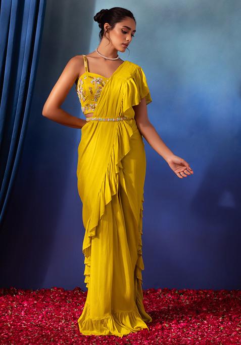 Yellow Pre-Stitched Saree Set With Floral Hand Embroidered Blouse And Belt