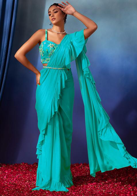 Sea Green Pre-Stitched Saree Set With Floral Hand Embroidered Blouse And Belt
