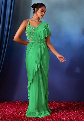 Pastel Green Pre-Stitched Saree Set With Floral Hand Embroidered Blouse And Belt