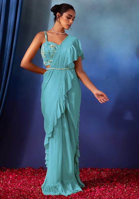 Light Blue Pre-Stitched Saree Set With Floral Hand Embroidered Blouse And Belt