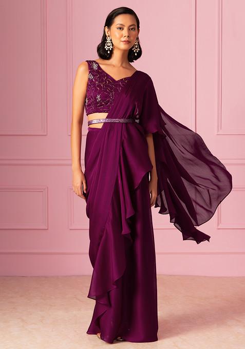Wine Ruffled Pre-Stitched Saree Set With Hand Embroidered Blouse And Embroidered Belt