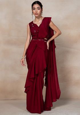 Ruby Red Ruffled Pre-Stitched Saree Set With Hand Embroidered Blouse And Embroidered Belt