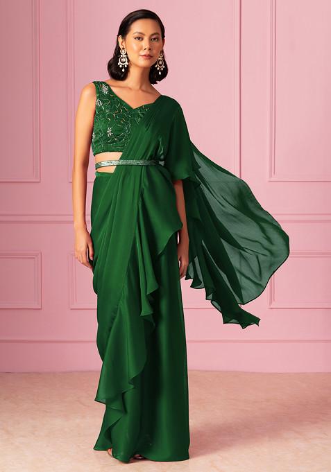 Green Ruffled Pre-Stitched Saree Set With Hand Embroidered Blouse And Embroidered Belt