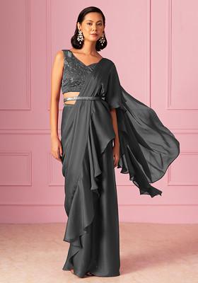 Grey Ruffled Pre-Stitched Saree Set With Hand Embroidered Blouse And Belt