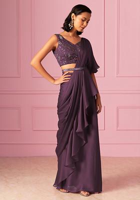 Purple Ruffled Pre-Stitched Saree Set With Hand Embroidered Blouse And Embroidered Belt
