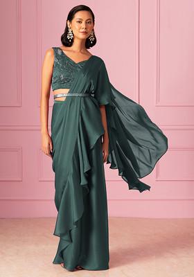 Grey Ruffled Pre-Stitched Saree Set With Hand Embroidered Blouse And Embroidered Belt