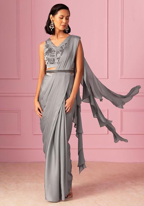 Grey Pre-Stitched Saree Set With Floral Hand Embroidered Blouse And Embroidered Belt