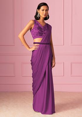 Onion Pink Pre-Stitched Saree Set With Floral Hand Embroidered Blouse And Embroidered Belt