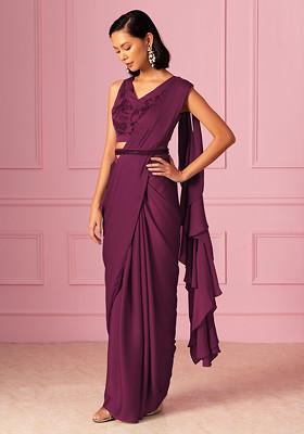Purple Pre-Stitched Saree Set With Floral Hand Embroidered Blouse And Embroidered Belt