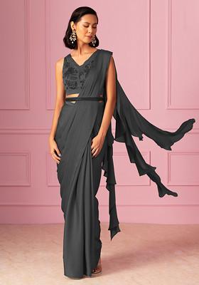 Charcoal Black Pre-Stitched Saree Set With Floral Hand Embroidered Blouse And Embroidered Belt