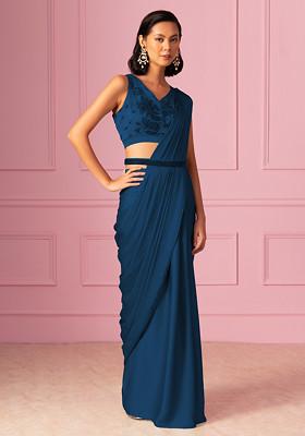 Teal Pre-Stitched Saree Set With Floral Hand Embroidered Blouse And Embroidered Belt