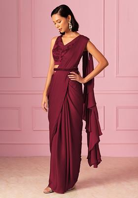 Red Pre-Stitched Saree Set With Floral Hand Embroidered Blouse And Embroidered Belt